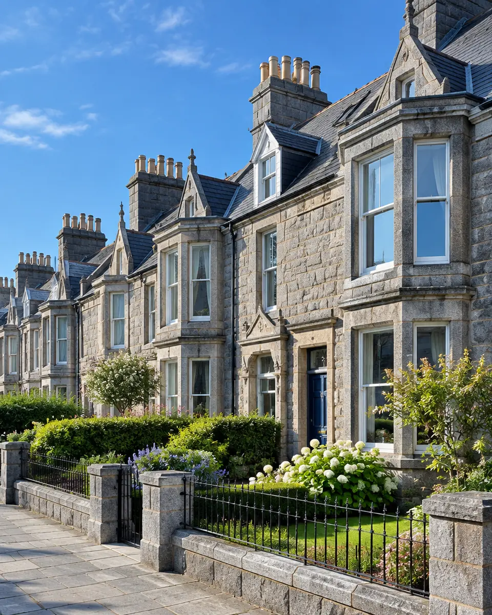 Grey granite Victorian houses on an Aberdeen street