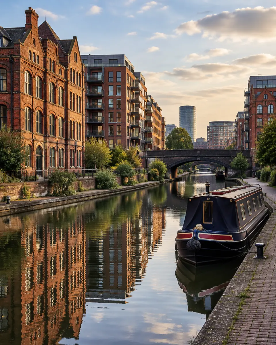 Canalside apartments and a moored narrowboat in central Birmingham