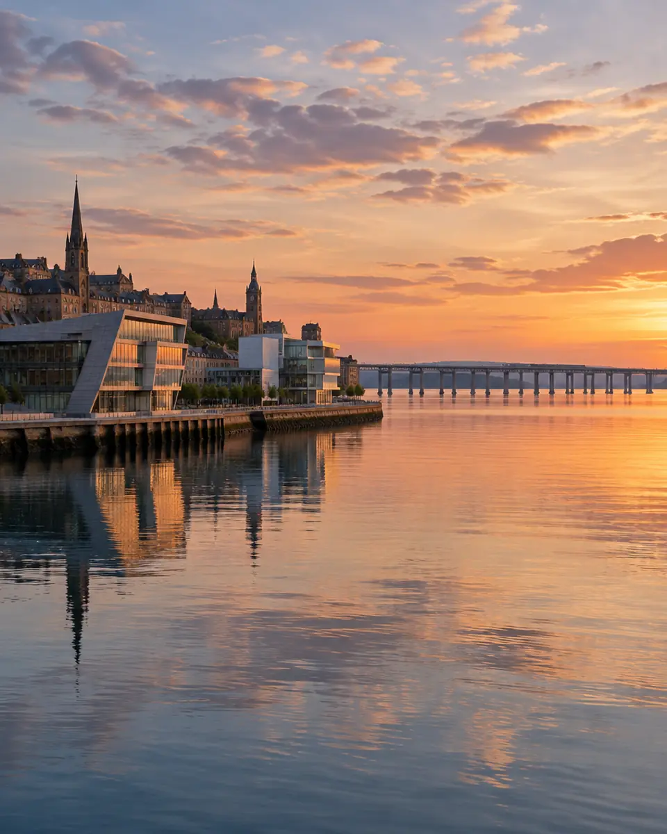 The Dundee waterfront on the River Tay at sunset