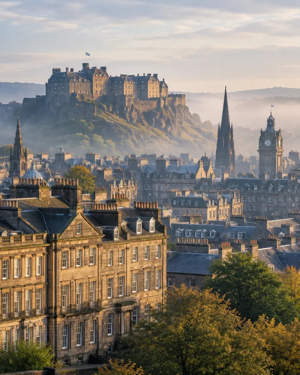 The Edinburgh Old Town skyline with the castle above sandstone buildings