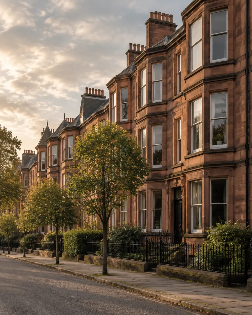 Red sandstone tenements on a tree-lined street in Glasgow's West End