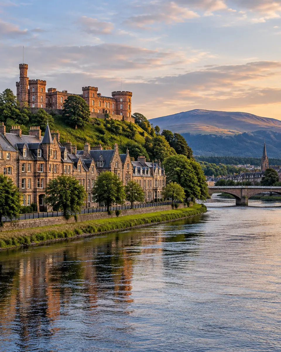 The River Ness and Inverness Castle with Highland hills beyond