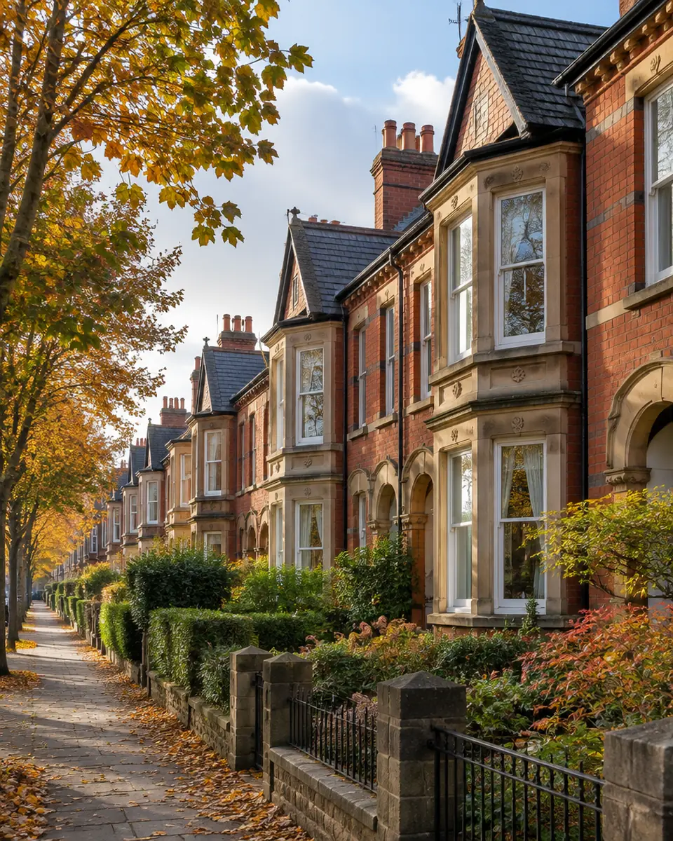 Red brick Victorian terraced houses on a leafy Leeds street