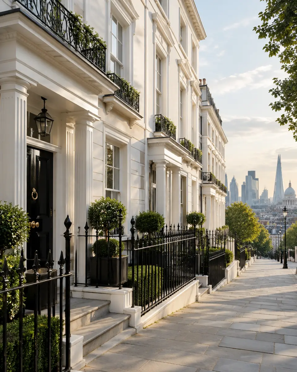 White stucco Georgian townhouses on a London street
