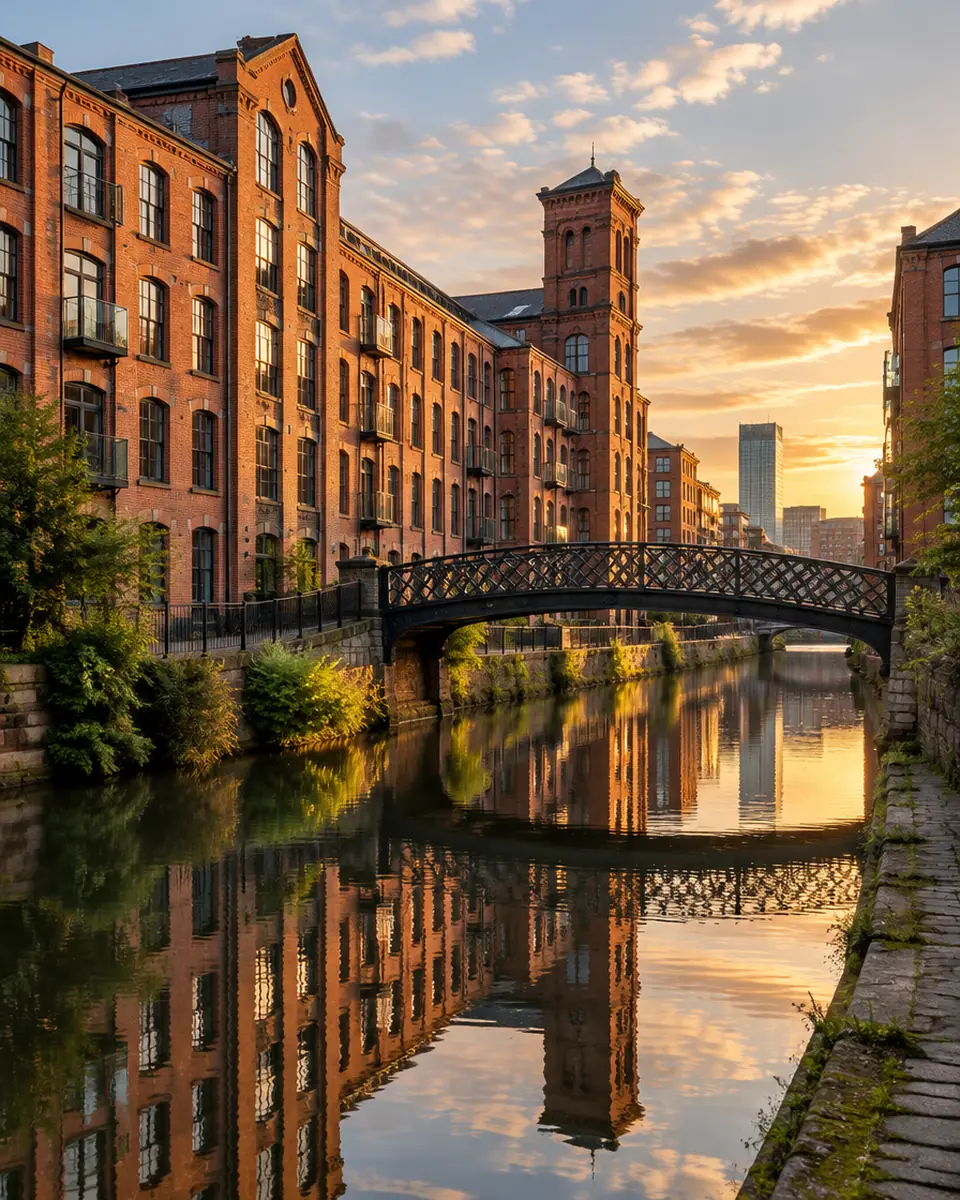 Red brick mill buildings beside a Manchester canal