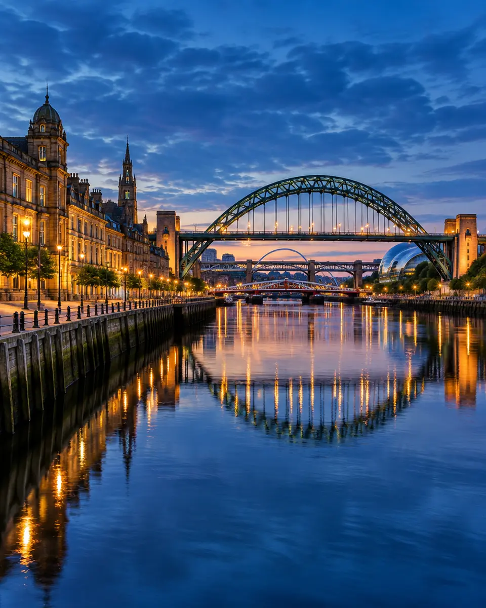 The Tyne bridges and Newcastle quayside at dusk
