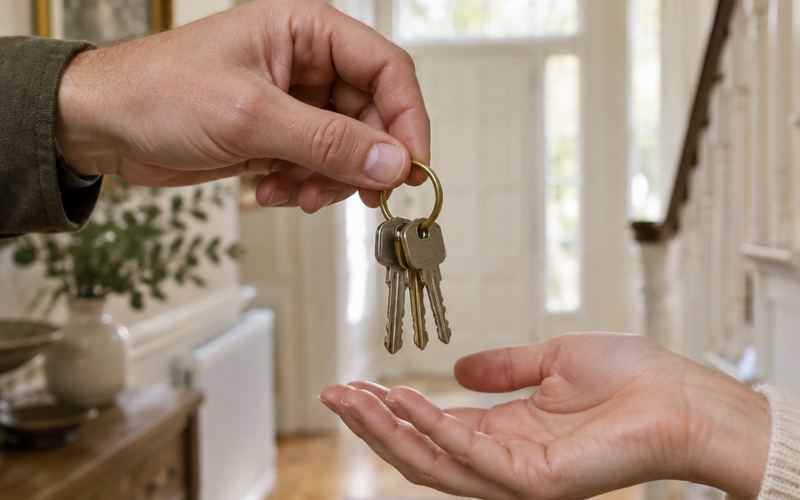 House keys being handed over in a bright hallway