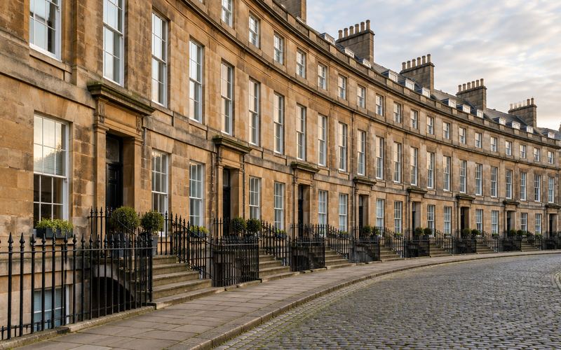A curved Georgian sandstone terrace on a cobbled Edinburgh street